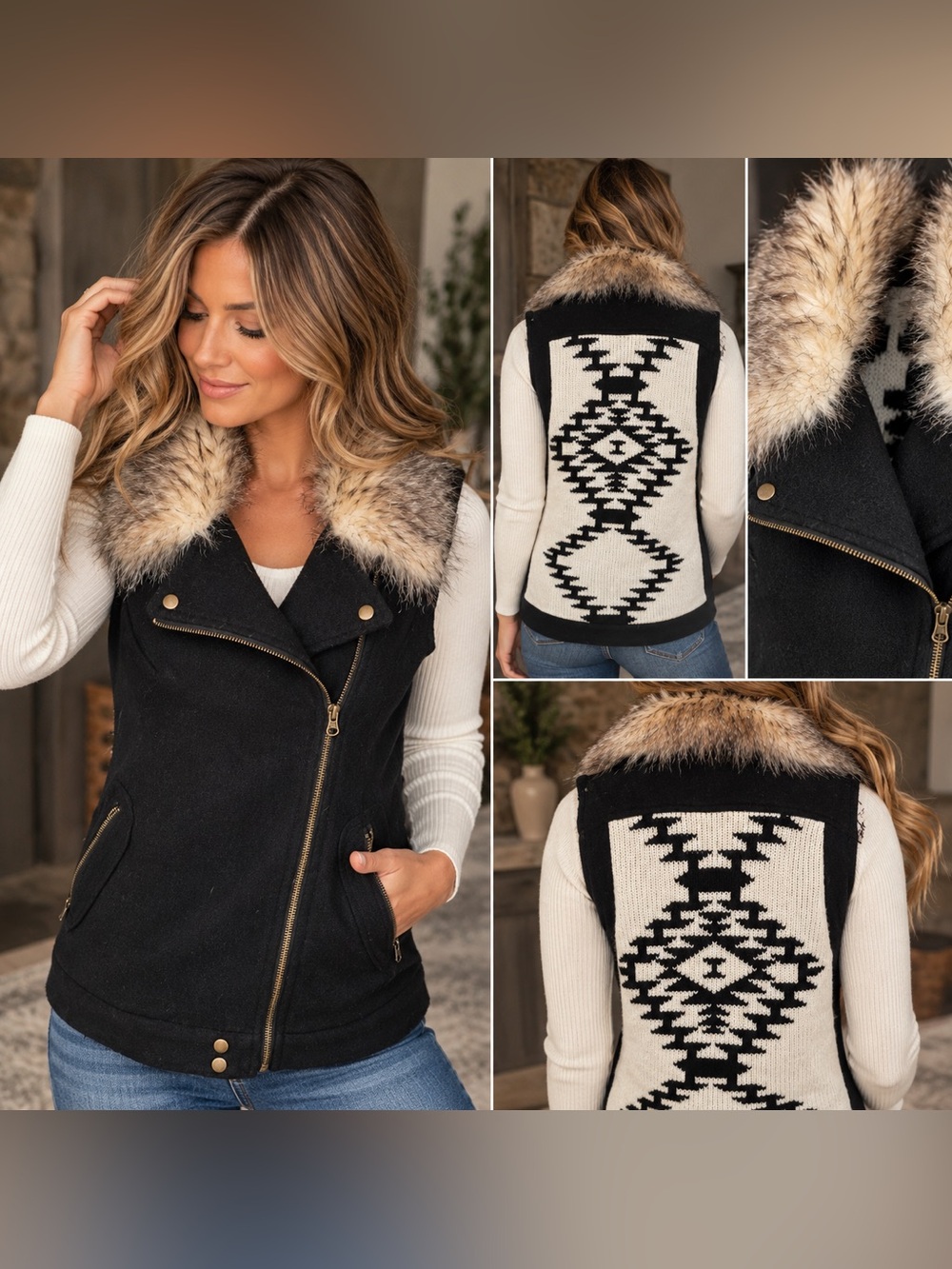 Thread & Supply Faux Fur Collar Moto Vest Black Aztec Knit Back Size Small